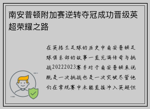 南安普顿附加赛逆转夺冠成功晋级英超荣耀之路