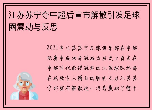 江苏苏宁夺中超后宣布解散引发足球圈震动与反思